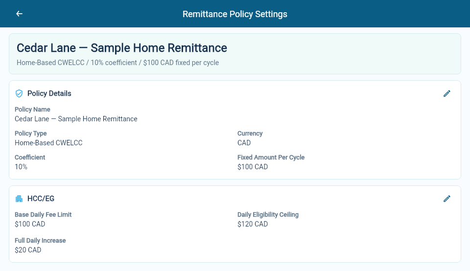 Cedar Lane’s example home remittance policy, with percentage, fixed amount and HCC/EG settings.