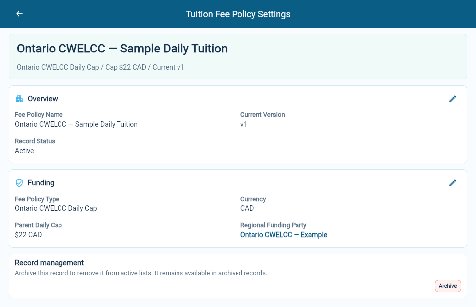 An example Ontario CWELCC tuition fee policy with its funding payer and parent daily cap.